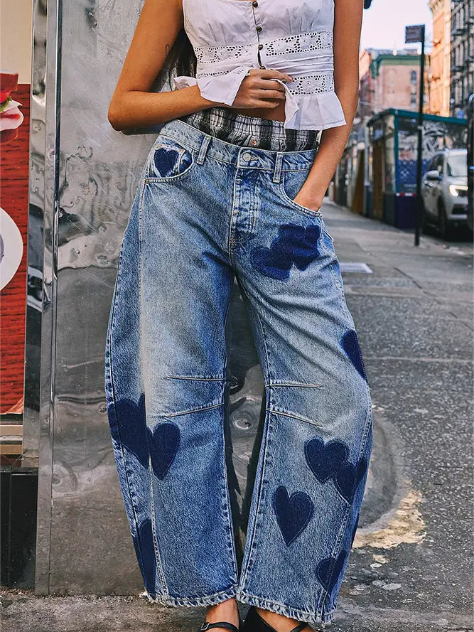 Unishe | Heart Pattern Straight Jeans