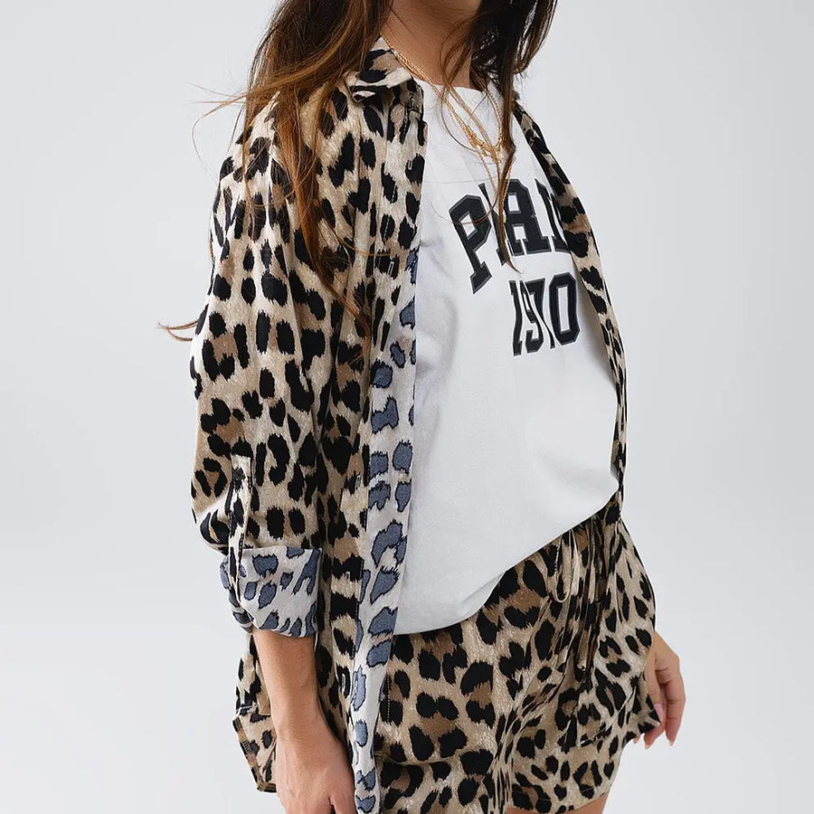 Q2 | Relaxed Leopard Print High-Low Shirt with Long Sleeves