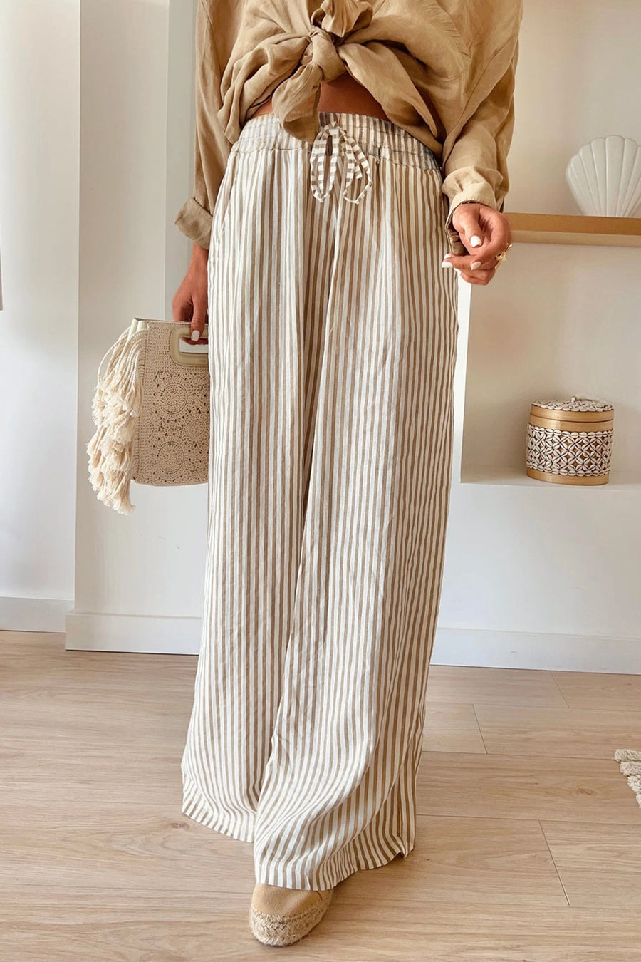 Lovesoft | Khaki Stripe Print Wide Leg Drawstring Pants