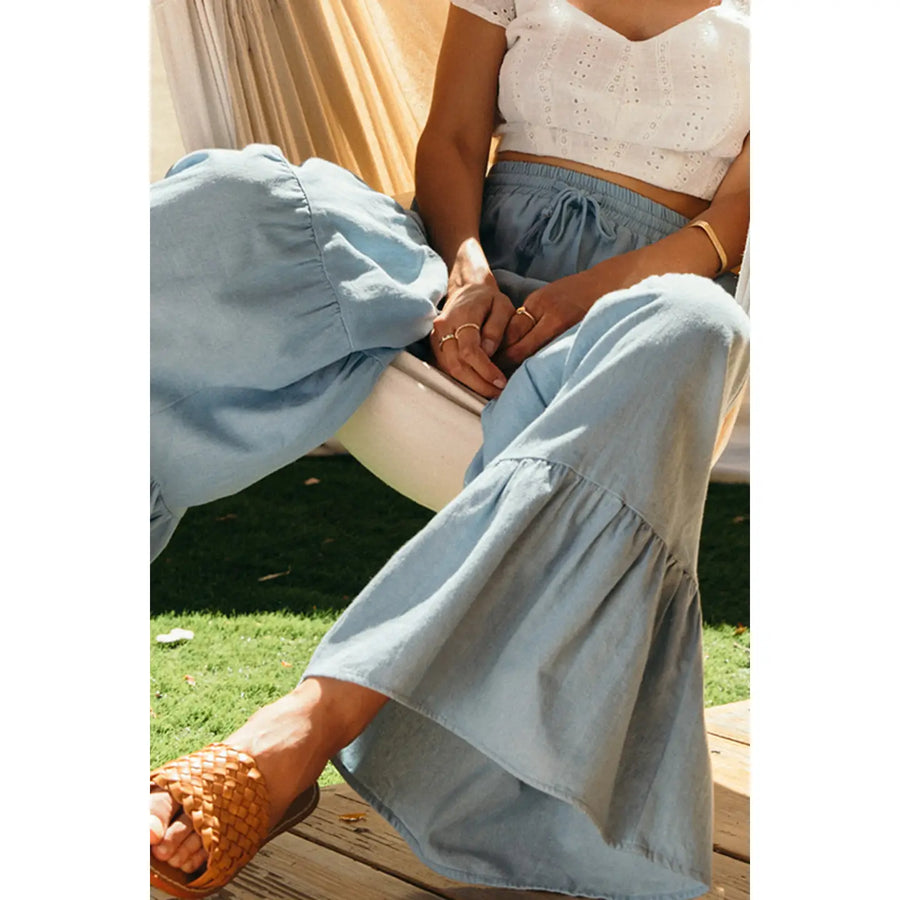 Lara Daisy | Drawstring Waist Chambray Tiered Wide Pants