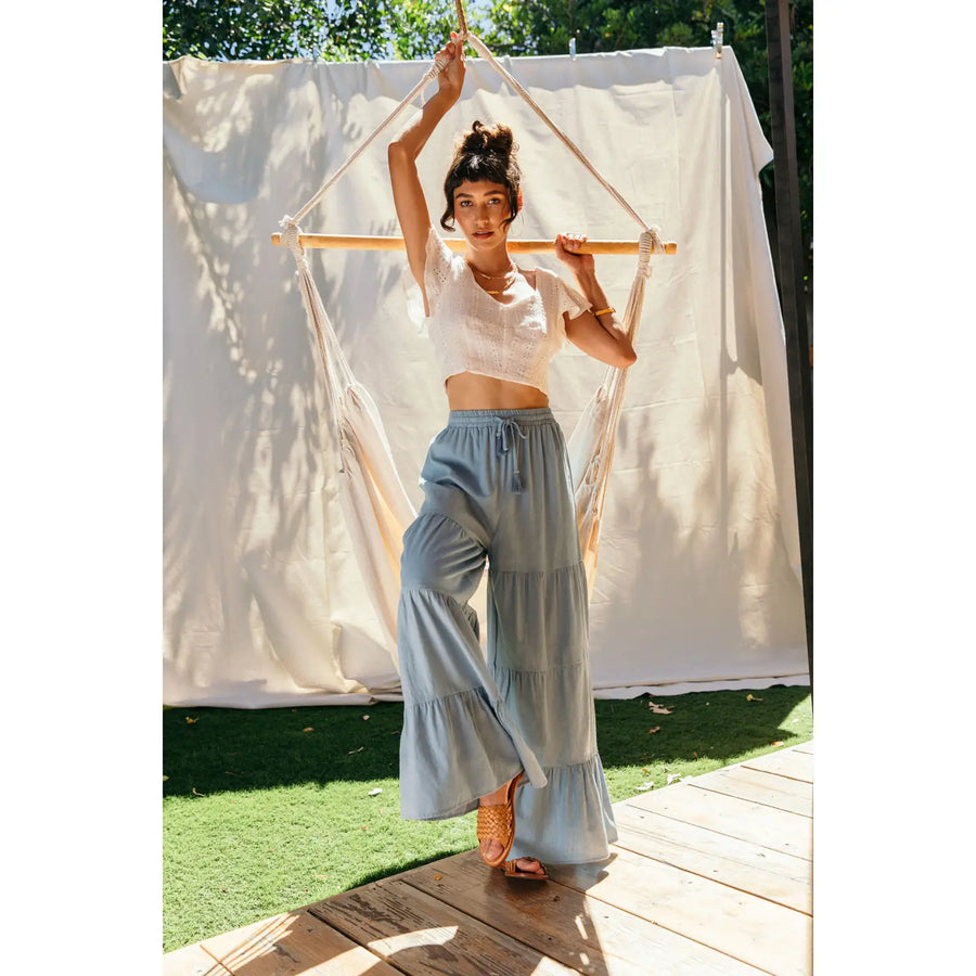 Lara Daisy | Drawstring Waist Chambray Tiered Wide Pants