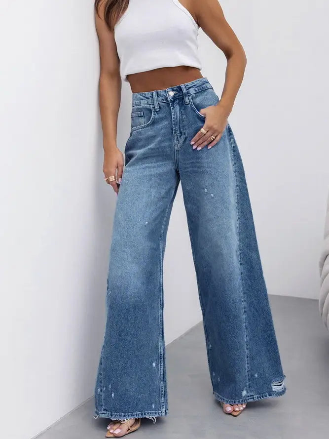 Unishe |Vintage Distressed Straight Leg Wide Jeans